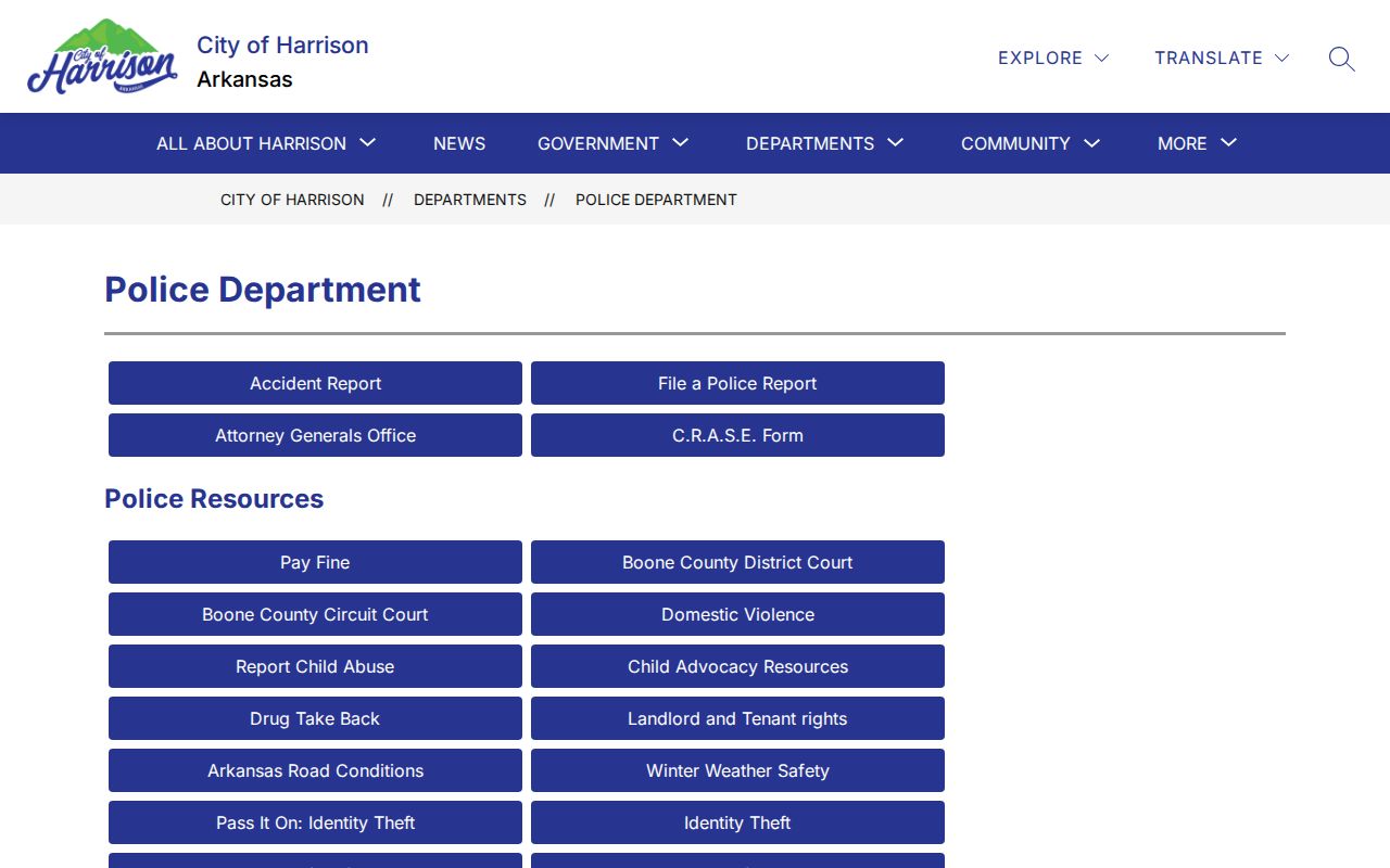 Harrison Police Department official contact and report page
