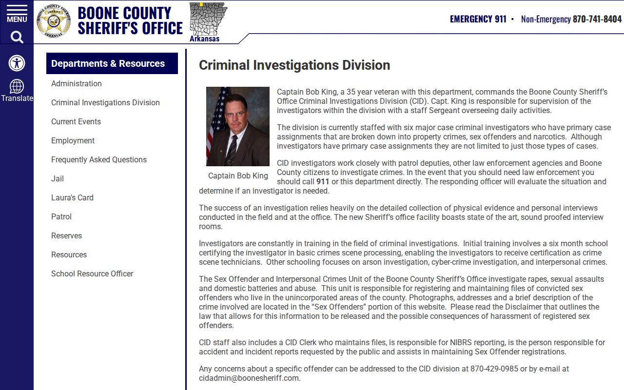 Boone County Sheriff CID page linking to Arkansas VINE