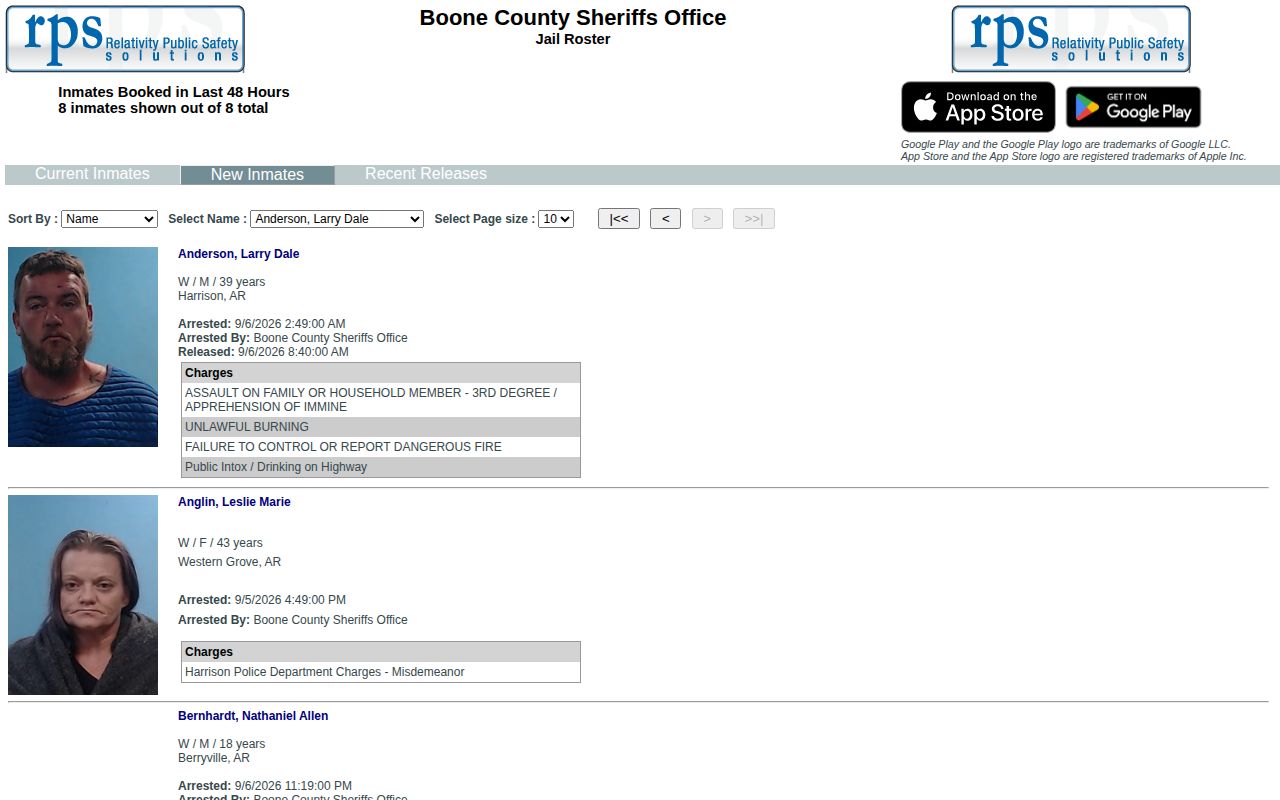 Official Boone County new inmate view and recent booking controls